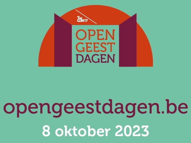 Affiche Open Geestdagen in het UPC KU Leuven zondag 8 oktober om 10 uur op Campus Gasthuisberg en om 14 uur in Campus Kortenberg