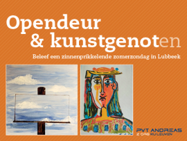 Campagnebeeld opendeurdag in Lubbeek met kunst en live muziek,  met twee schilderijen die te zien zijn op de opendeurdag